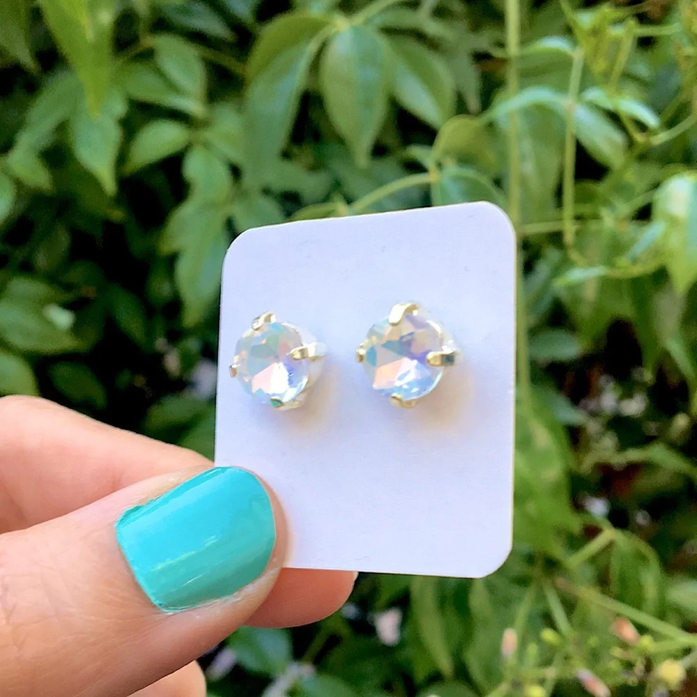 White Opal Aurora Borealis + Silver Crystal Stud Earrings